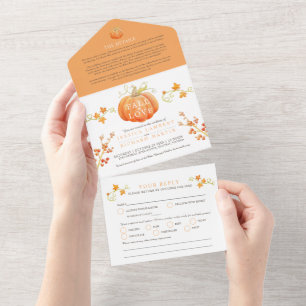 Fall in love watercolor pumpkin autumnal wedding   all in one invitation
