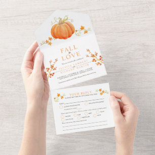 Fall in love watercolor pumpkin autumnal wedding all in one invitation