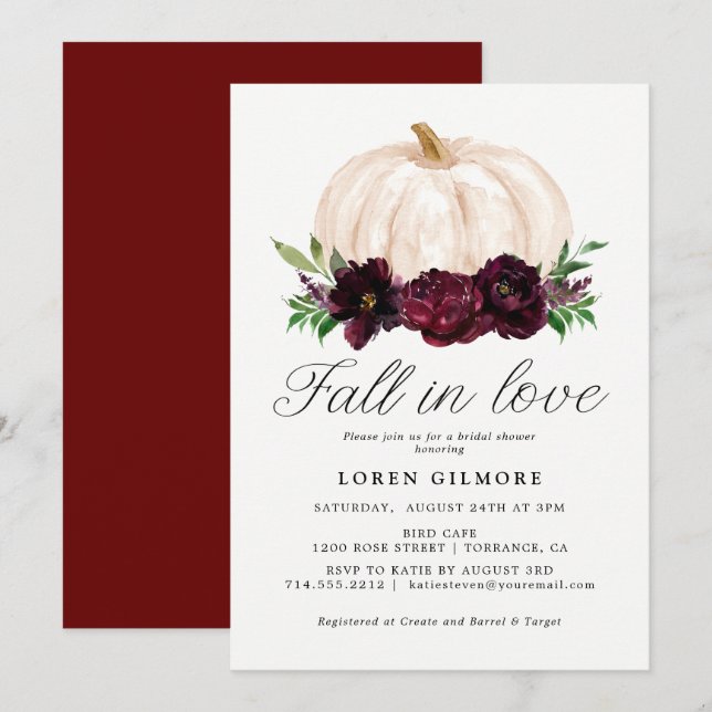 Fall In Love | Watercolor Pumpkin Bridal Shower Invitation (Front/Back)