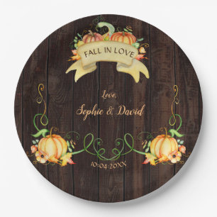Fall In Love Watercolor Pumpkin Old Barn Wedding Paper Plate