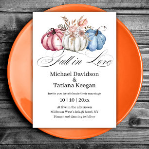 Fall in Love Watercolor Pumpkins Autumn Wedding Invitation