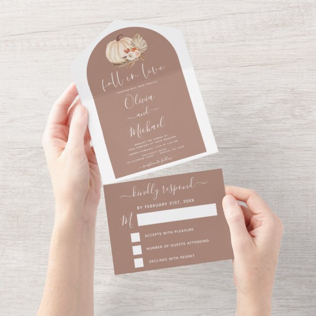 Fall In Love Wedding Pumpkins Boho Terracotta RSVP All In One Invitation (Tearaway)