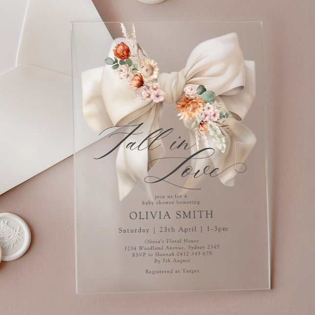 Fall in Love White Bow Floral Baby Shower Acrylic Invitations (Creator Uploaded)