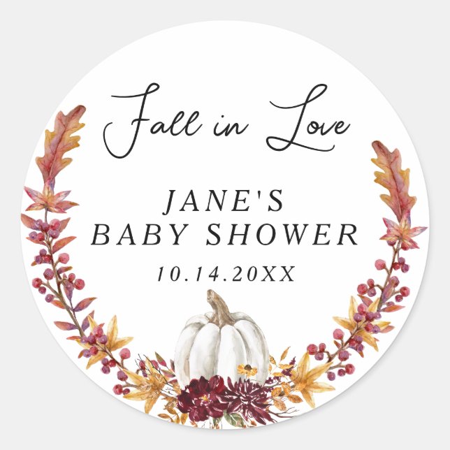Fall in Love White Pumpkin Baby Shower Classic Round Sticker (Front)