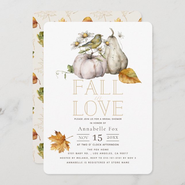 Fall in Love White Pumpkin Bird Bridal Shower Invitation (Front/Back)