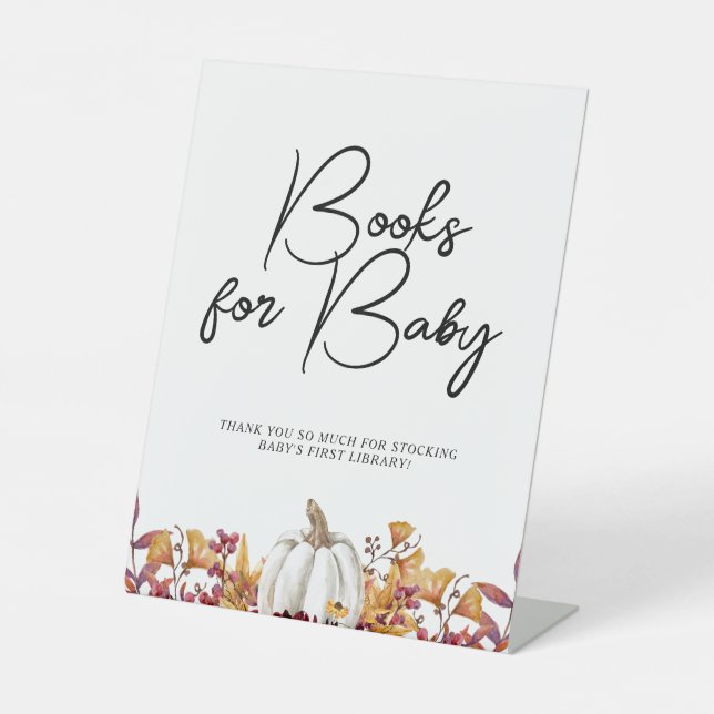 Fall in Love White Pumpkin Books for Baby Shower Pedestal Sign (Front)