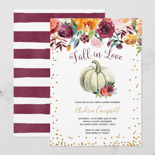 Fall in Love White Pumpkin Bridal Shower Invite (Front/Back)