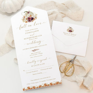 Fall In Love White Pumpkin Floral Autumn Wedding All In One Invitation