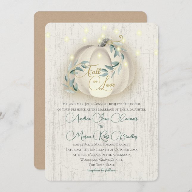 Fall in Love White Pumpkin & Lights Rustic Wedding Invitation (Front/Back)