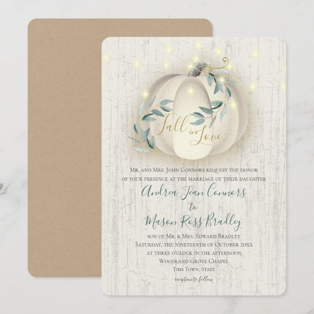 Fall in Love White Pumpkin & Lights Rustic Wedding Invitation (Front/Back)