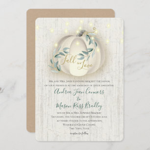 Fall in Love White Pumpkin & Lights Rustic Wedding Invitation