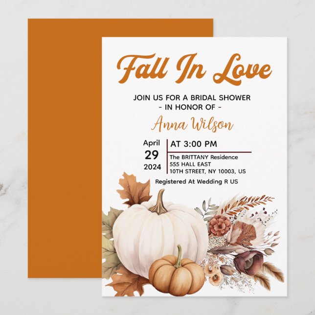fall in love white pumpkin pampas bridal shower  invitation (Front/Back)