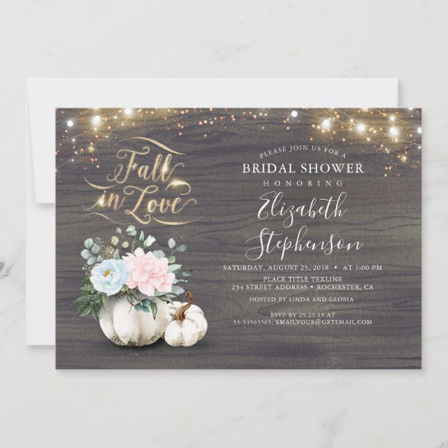 Fall in Love White Pumpkin Rustic Bridal Shower In Invitation (Front)