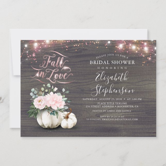 Fall in Love White Pumpkin Rustic Bridal Shower In Invitation (Front)