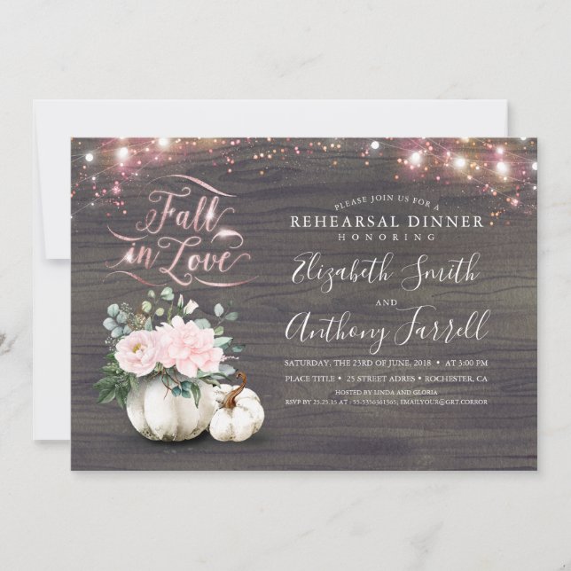 Fall in Love White Pumpkin Rustic Rehearsal Dinner Invitation (Front)