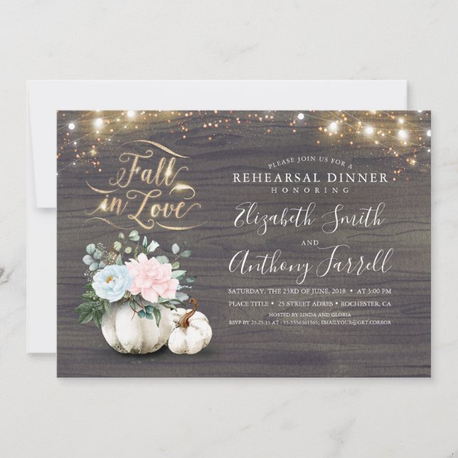 Fall in Love White Pumpkin Rustic Rehearsal Dinner Invitation (Front)