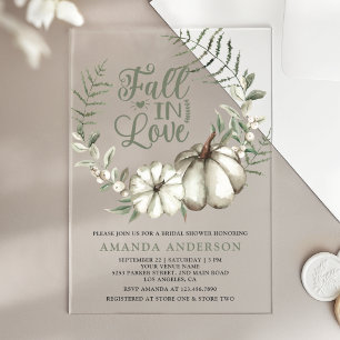 Fall in Love White Pumpkin Sage Bridal Shower Acrylic Invitations