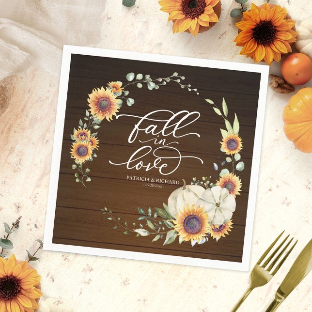 Fall in Love White Pumpkin Sunflower Wedding Napkin (Creator Uploaded)