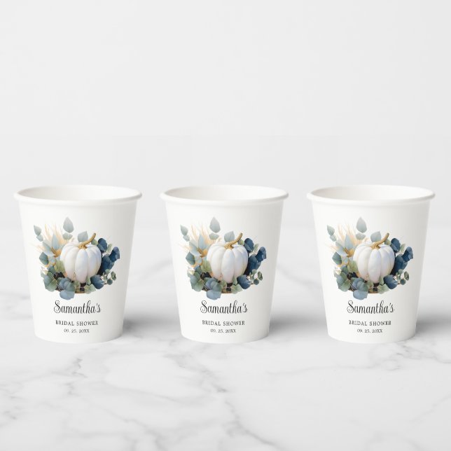 Fall in love white pumpkins and greenery  paper cups (Multi)