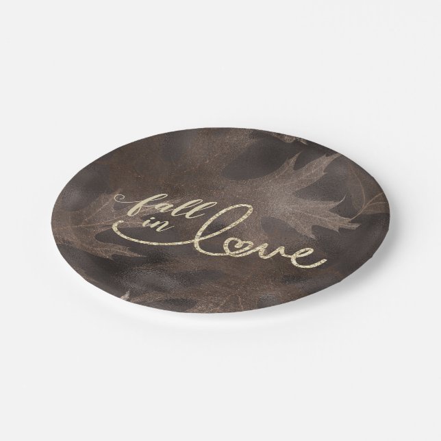 Fall in Love with Autumn | Elegant Brown and Gold Paper Plate (Angled)