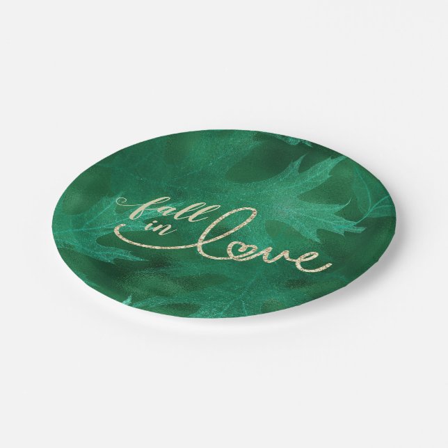 Fall in Love with Autumn | Emerald Green and Gold Paper Plate (Angled)