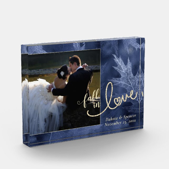 Fall in Love with Autumn | Navy Blue Gold Wedding Photo Block (Left)