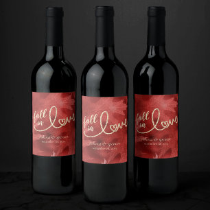 Fall in Love with Autumn Red and Gold Wedding Wine Label