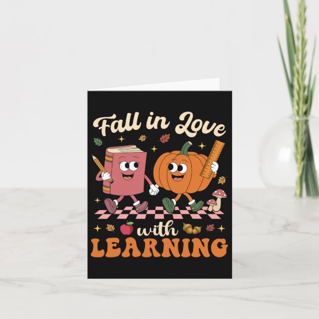 Fall In Love With Learning Retro Halloween Teacher Card (Front)