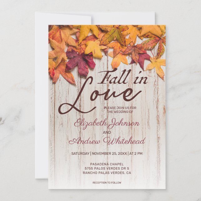 Fall in Love Wood Autumn Leaves Wedding Invitation (Front)