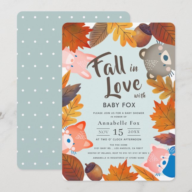 Fall in Love Woodland Animals Blue Baby Shower Invitation (Front/Back)