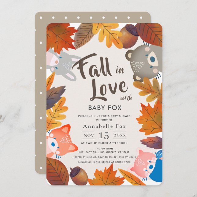 Fall in Love Woodland Animals Brown Baby Shower Invitation (Front/Back)