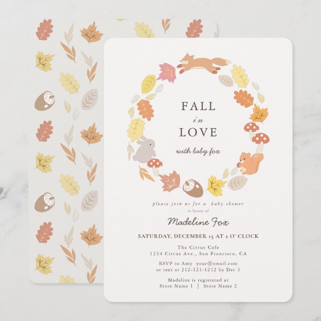 Fall in Love Woodland Animals Wreath Baby Shower Invitation (Front/Back)