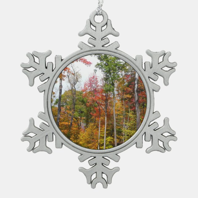 Fall in the Forest Colourful Autumn Photography Snowflake Pewter Christmas Ornament (Front)