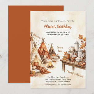 Fall Indoor Glamping Campfire Sleepover Birthday Invitation