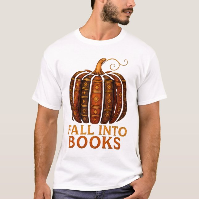 Fall Into Books Pumpkin Shirt – Book Lover Tee (Front)