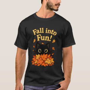 Fall Into Fun Black Cat Autumn Leaves Cute Design T-Shirt