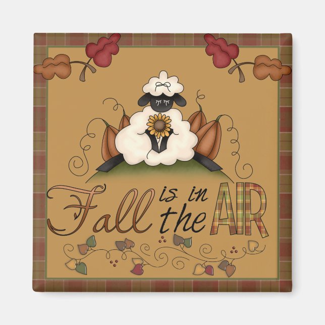 "Fall is in the Air" Autumn Sheep Square Magnet (Front)