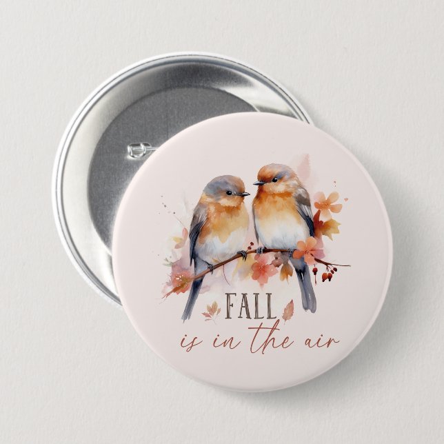 Fall Is In The Air – Cute Birds & Autumn Leaves 7.5 Cm Round Badge (Front & Back)