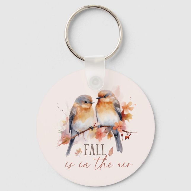 Fall Is In The Air – Cute Birds & Autumn Leaves Key Ring (Front)