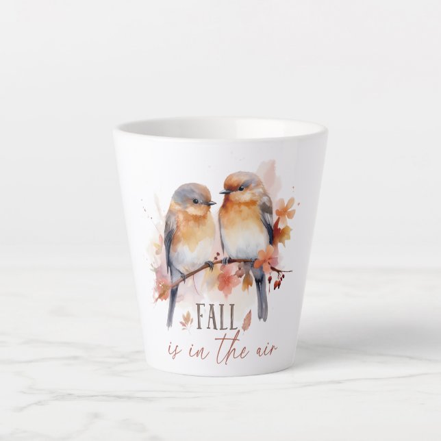 Fall Is In The Air – Cute Birds & Autumn Leaves Latte Mug (Front)
