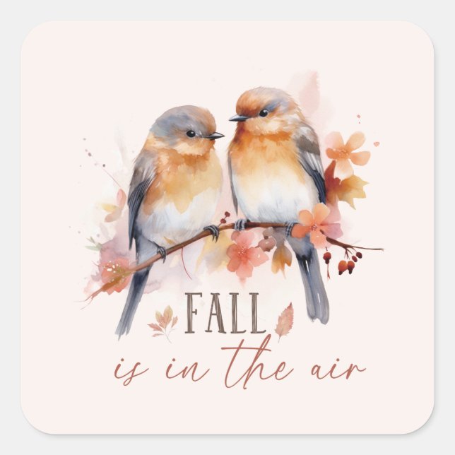 Fall Is In The Air – Cute Birds & Autumn Leaves Square Sticker (Front)