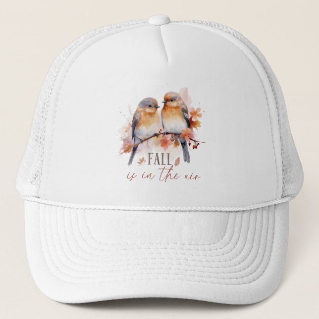 Fall Is In The Air – Cute Birds & Autumn Leaves Trucker Hat (Front)