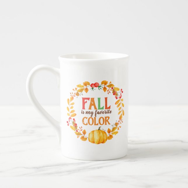 Fall is my Favourite Colour Autumn Leaves Pumpkin Bone China Mug (Left)