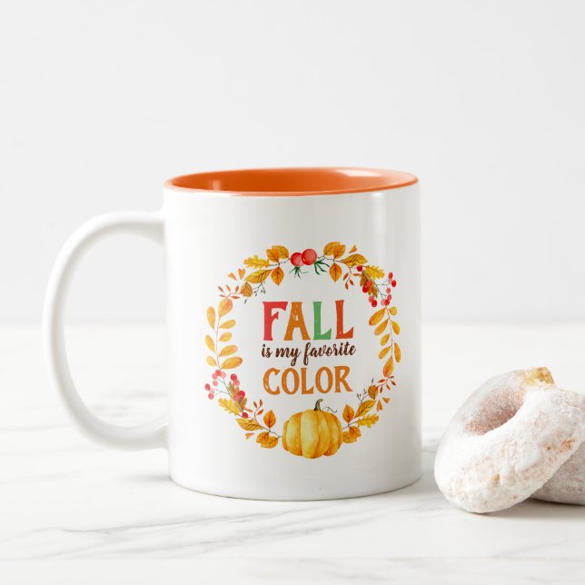Fall is my Favourite Colour Autumn Leaves Pumpkin Two-Tone Coffee Mug (With Donut)