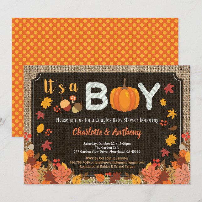 Fall it's a boy pumpkin baby shower invitation (Front/Back)
