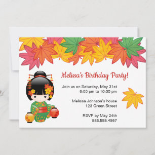 Fall Kokeshi Doll - Geisha Girl Birthday Party Invitation