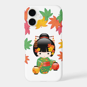 Fall Kokeshi Doll - Green Kimono Geisha Girl