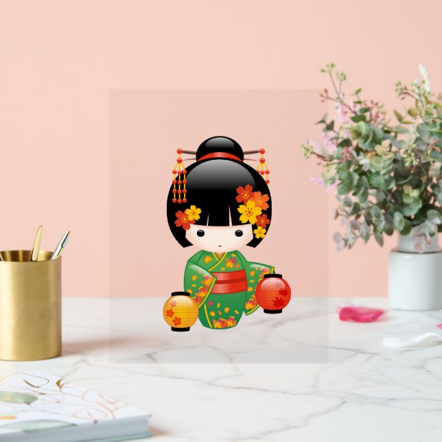 Fall Kokeshi Doll - Green Kimono Geisha Girl Acrylic Sign (Wedding)