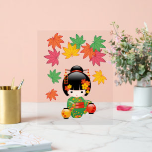 Fall Kokeshi Doll - Green Kimono Geisha Girl Acrylic Sign