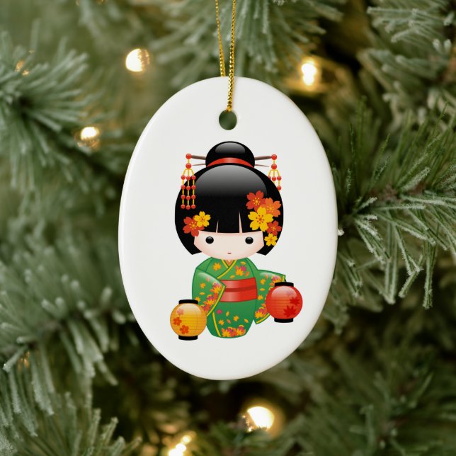 Fall Kokeshi Doll - Green Kimono Geisha Girl Ceramic Tree Decoration (Tree)